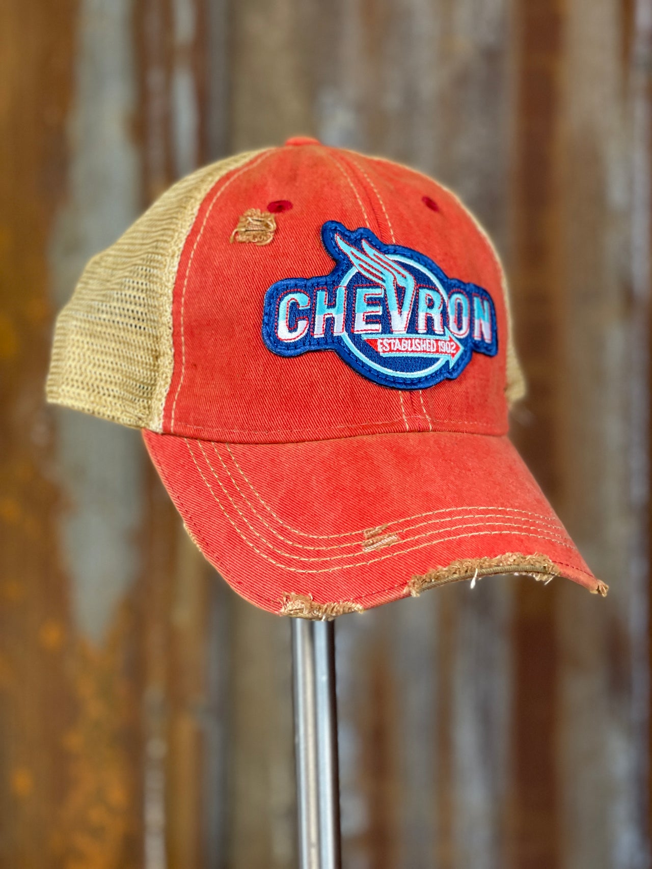 Chevron Gas Patch Wings Hat- Distressed Red Snapback