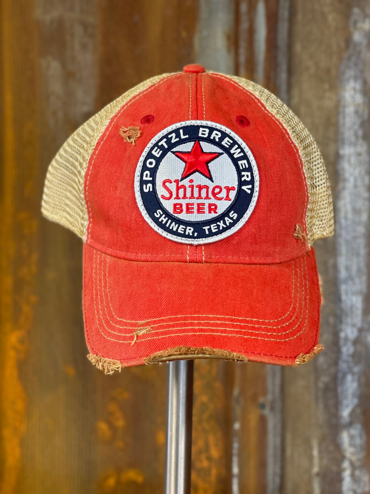 Shiner Beer Logo Hat- Distressed Red Snapback