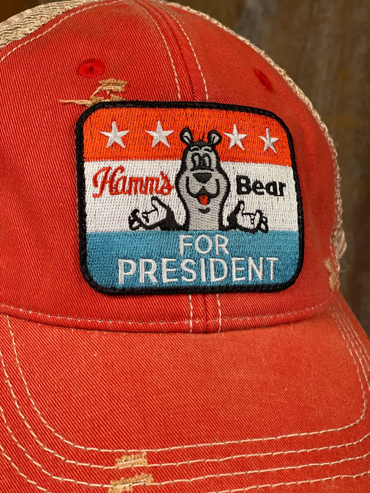 Hamm's Bear For President Hat- Distressed Red Snapback