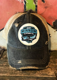 Thumbnail for Angry Minnow Vintage Blue Logo Hat - Distressed Black Snapback