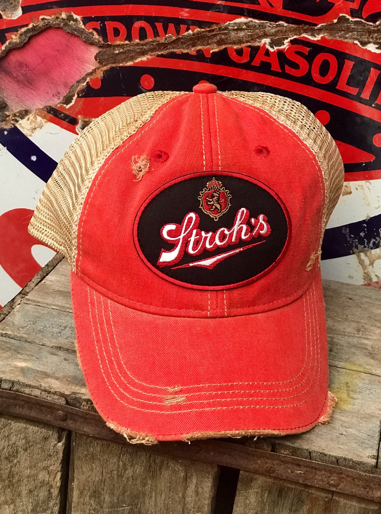 Stroh's Beer Vintage Logo Patch Hat - Distressed Red Snapback