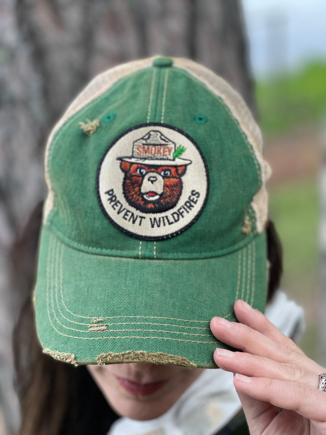 Smokey Bear PREVENT WILDFIRES Hat- Distressed Kelly Green