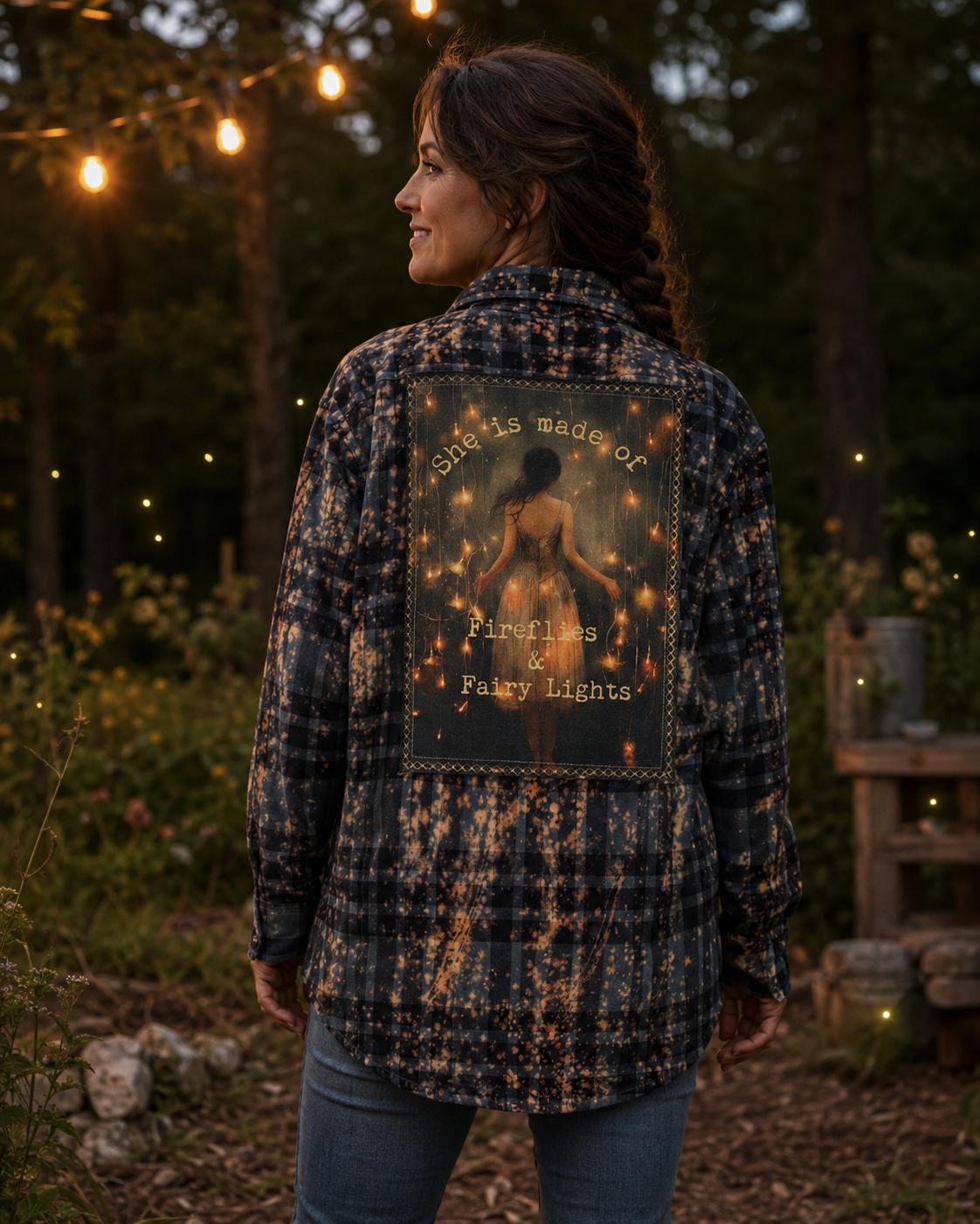 She is made of fireflies and fairy Lights flannel- distressed black