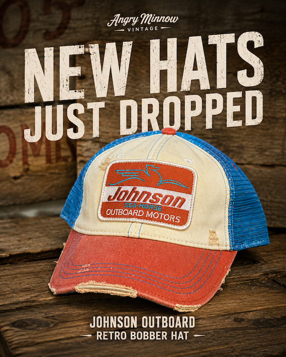 A distressed trucker-style cap with a cream front panel, blue mesh side panels, and a rust-orange brim, featuring a patch that reads 'Johnson Outboard Motors.' Large text above says 'NEW HATS JUST DROPPED,' and smaller text below reads 'JOHNSON OUTBOARD RETRO BOBBER HAT.