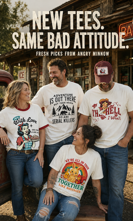 Four people wearing custom graphic t-shirts in a rustic outdoor setting, with bold text at the top reading 'NEW TEES. SAME BAD ATTITUDE.
