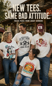 Thumbnail for Four people wearing custom graphic t-shirts in a rustic outdoor setting, with bold text at the top reading 'NEW TEES. SAME BAD ATTITUDE.