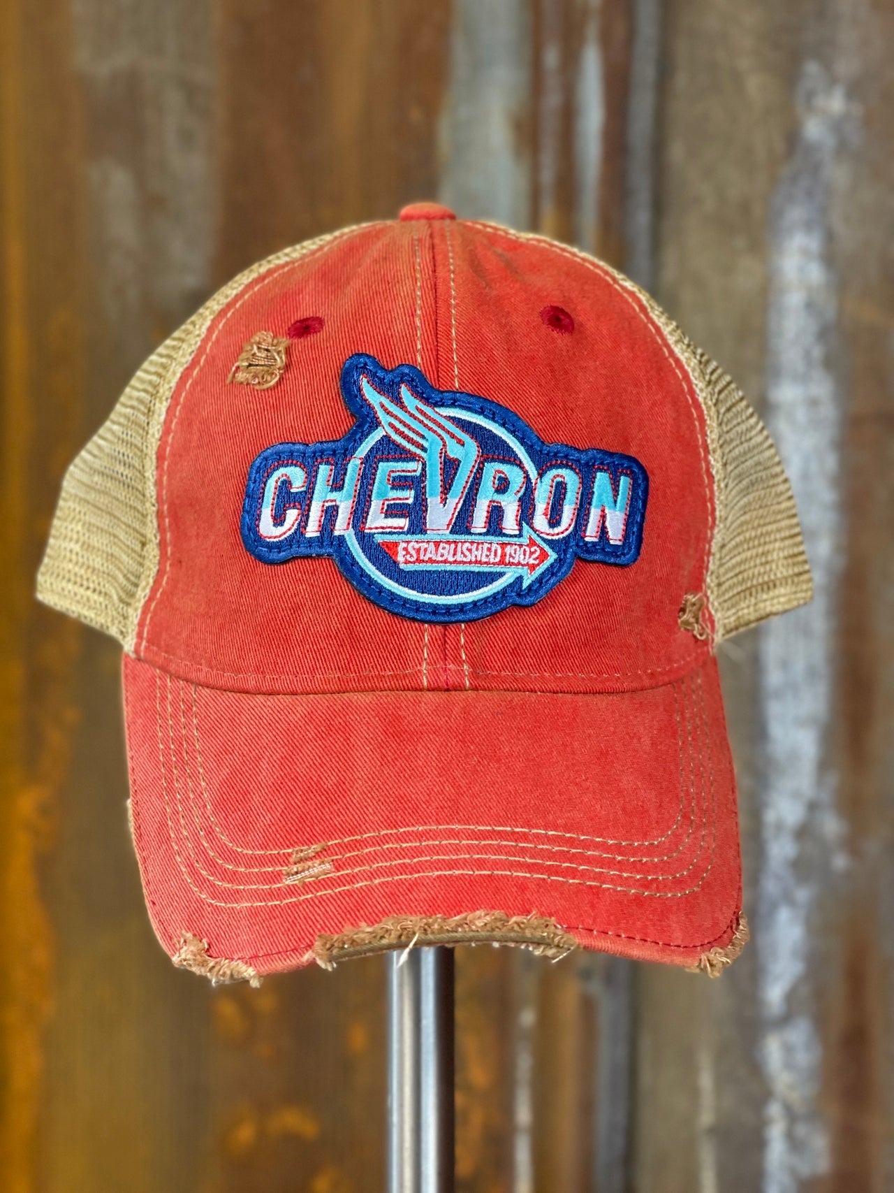 Chevron Gas Patch Wings Hat- Distressed Red Snapback