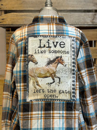Thumbnail for Live like someone left the gate open Art Flannel- Distressed Birchwood plaid
