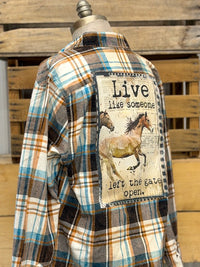 Thumbnail for Live like someone left the gate open Art Flannel- Distressed Birchwood plaid