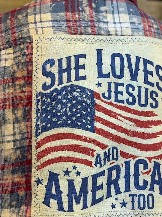 She Loves Jesus & America Too Art Flannel- Gone Country Plaid