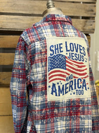 Thumbnail for She Loves Jesus & America Too Art Flannel- Gone Country Plaid