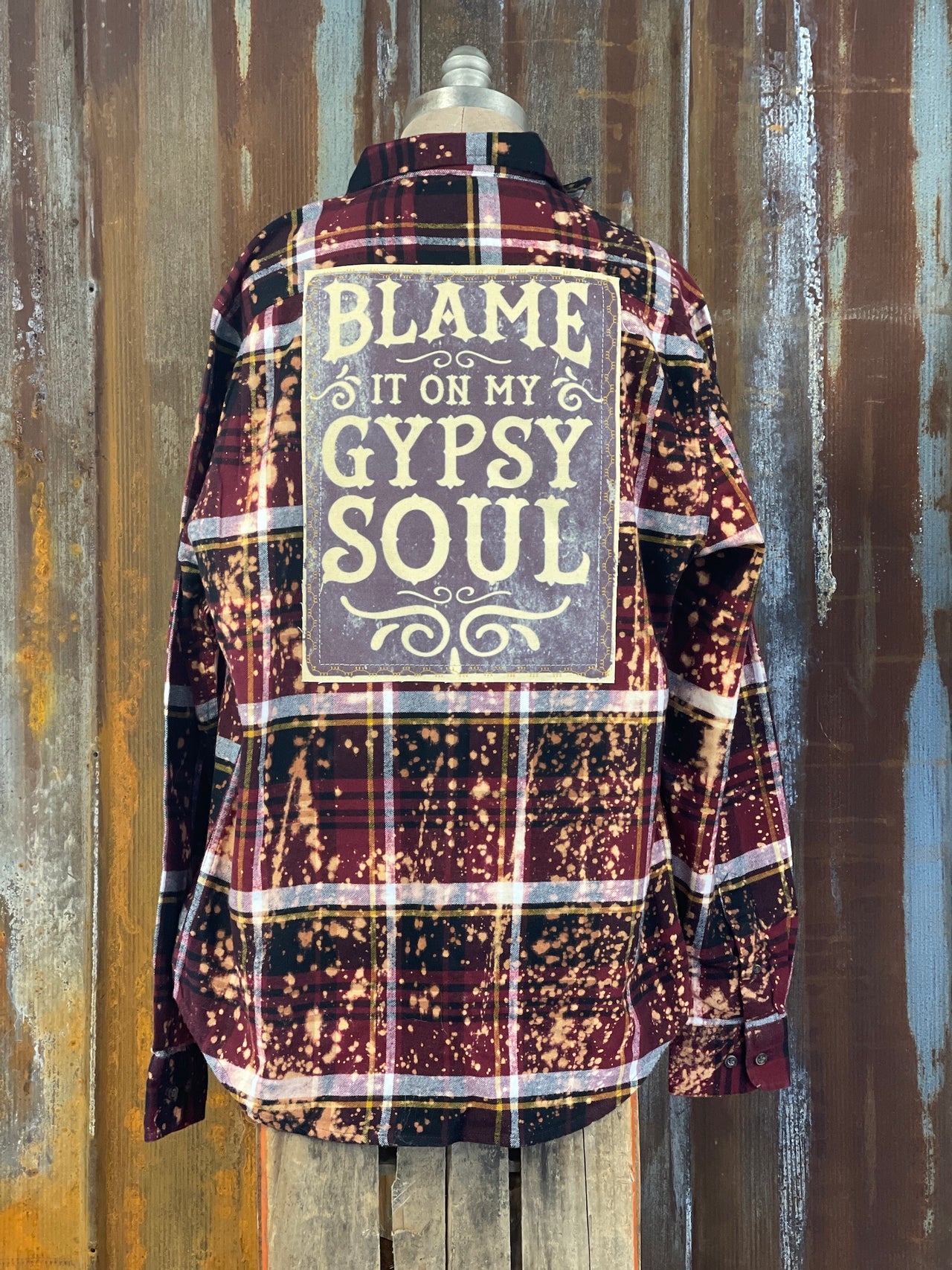 Blame it on my Gypsy Soul Art Flannel- Distressed Burgundy