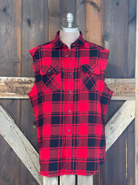 Thumbnail for Coors Banquet SUNSET COWBOY Sleeveless Flannel- Red/ Black Plaid