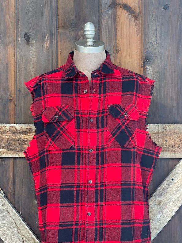 Coors Banquet SUNSET COWBOY Sleeveless Flannel- Red/ Black Plaid