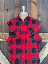 Thumbnail for Coors Banquet SUNSET COWBOY Sleeveless Flannel- Red/ Black Plaid