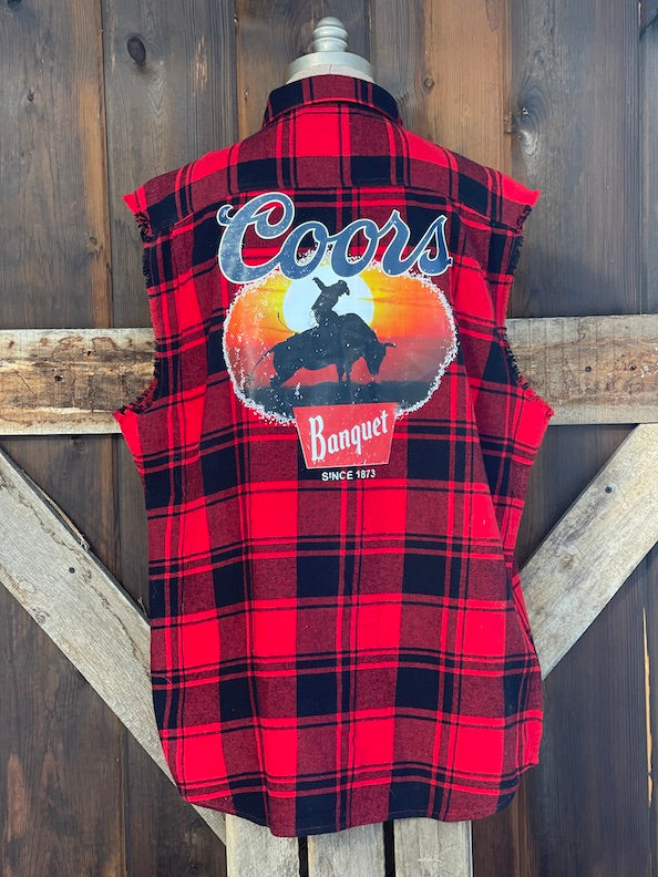 Coors Banquet SUNSET COWBOY Sleeveless Flannel- Red/ Black Plaid