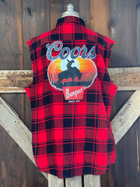 Thumbnail for Coors Banquet SUNSET COWBOY Sleeveless Flannel- Red/ Black Plaid