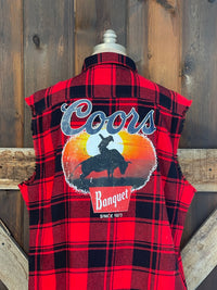 Thumbnail for Coors Banquet SUNSET COWBOY Sleeveless Flannel- Red/ Black Plaid