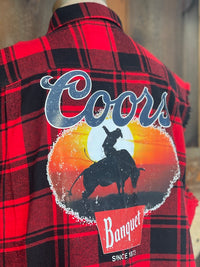 Thumbnail for Coors Banquet SUNSET COWBOY Sleeveless Flannel- Red/ Black Plaid