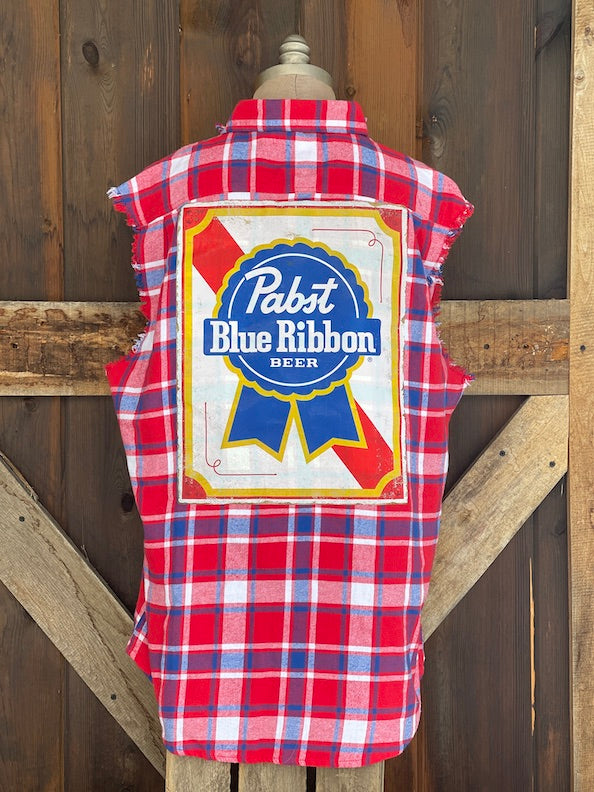 Pabst Sleeveless Flannel- Red/ White/ Blue Plaid