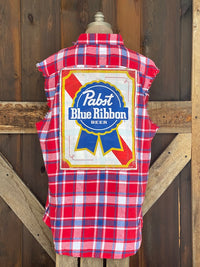 Thumbnail for Pabst Sleeveless Flannel- Red/ White/ Blue Plaid