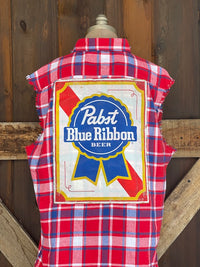 Thumbnail for Pabst Sleeveless Flannel- Red/ White/ Blue Plaid