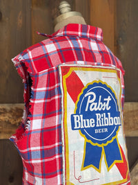 Thumbnail for Pabst Sleeveless Flannel- Red/ White/ Blue Plaid
