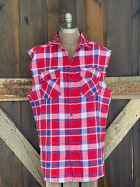 Thumbnail for Pabst Sleeveless Flannel- Red/ White/ Blue Plaid