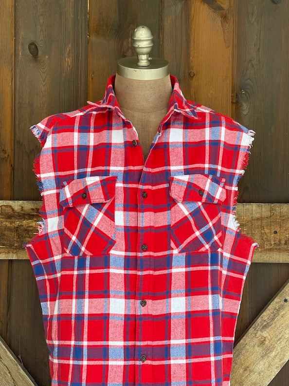 Pabst Sleeveless Flannel- Red/ White/ Blue Plaid