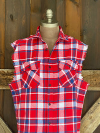 Thumbnail for Pabst Sleeveless Flannel- Red/ White/ Blue Plaid