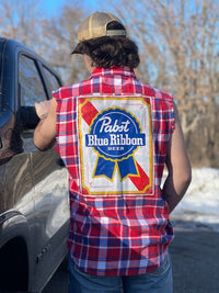 Thumbnail for Pabst Sleeveless Flannel- Red/ White/ Blue Plaid