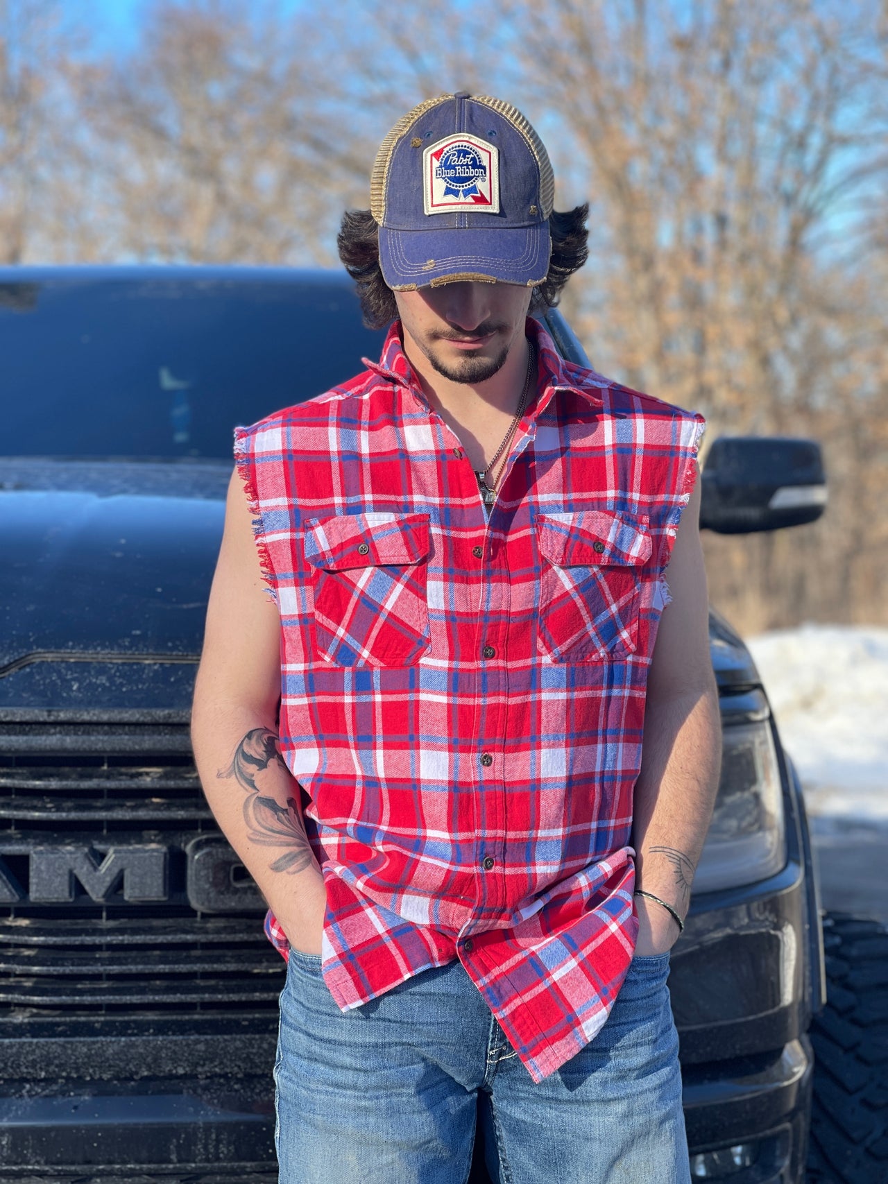 Pabst Sleeveless Flannel- Red/ White/ Blue Plaid