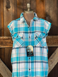 Thumbnail for Busch Sleeveless Flannel- Busch Sky Blue/ White