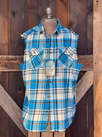 Thumbnail for Hamm's Fishing Bear Sleeveless Flannel- Hamm's Blue/ White