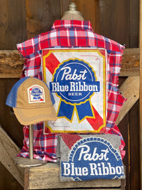 Thumbnail for Pabst Sleeveless Flannel- Red/ White/ Blue Plaid