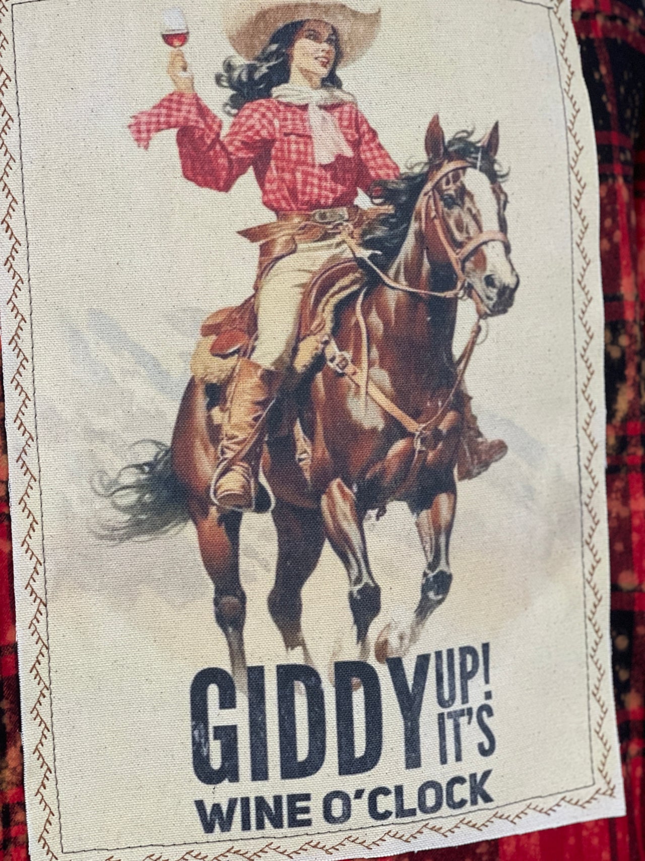 GIDDY UP IT'S WINE O'CLOCK Art Flannel- Distressed Red