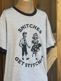 Thumbnail for Snitches Get Stitches Ringer Tee- Grey/ Black