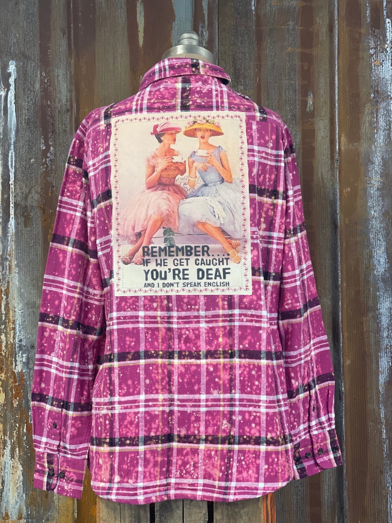 If We Get Caught Art Flannel- Distressed Raspberry
