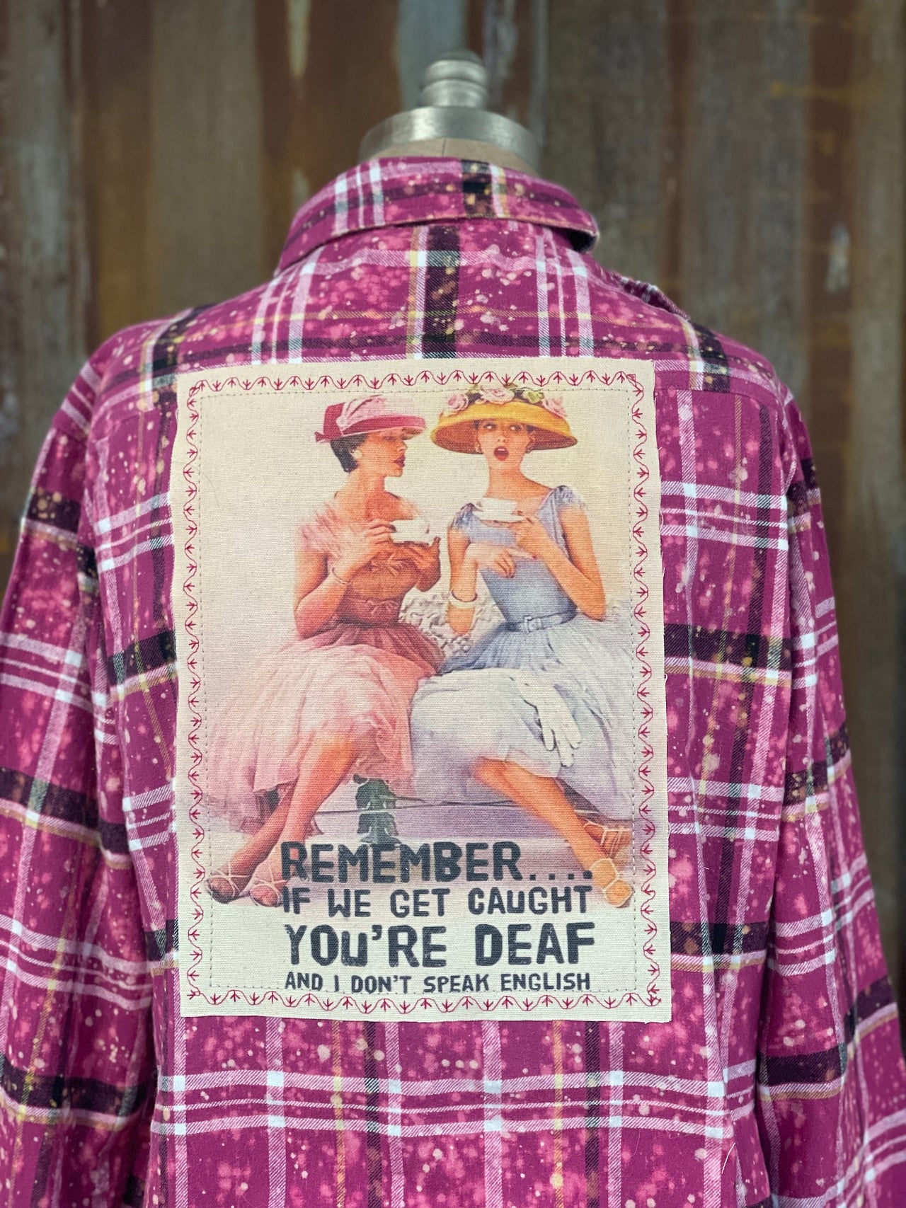If We Get Caught Art Flannel- Distressed Raspberry