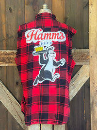 Thumbnail for Hamm's HAPPY Hour Sleeveless Flannel- Red Plaid