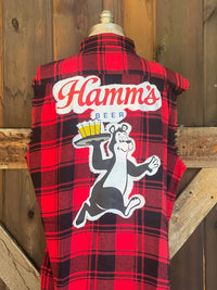 Thumbnail for Hamm's HAPPY Hour Sleeveless Flannel- Red Plaid