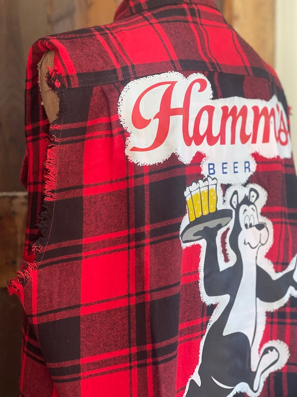 Hamm's HAPPY Hour Sleeveless Flannel- Red Plaid