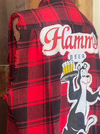 Thumbnail for Hamm's HAPPY Hour Sleeveless Flannel- Red Plaid