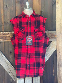 Thumbnail for Hamm's HAPPY Hour Sleeveless Flannel- Red Plaid
