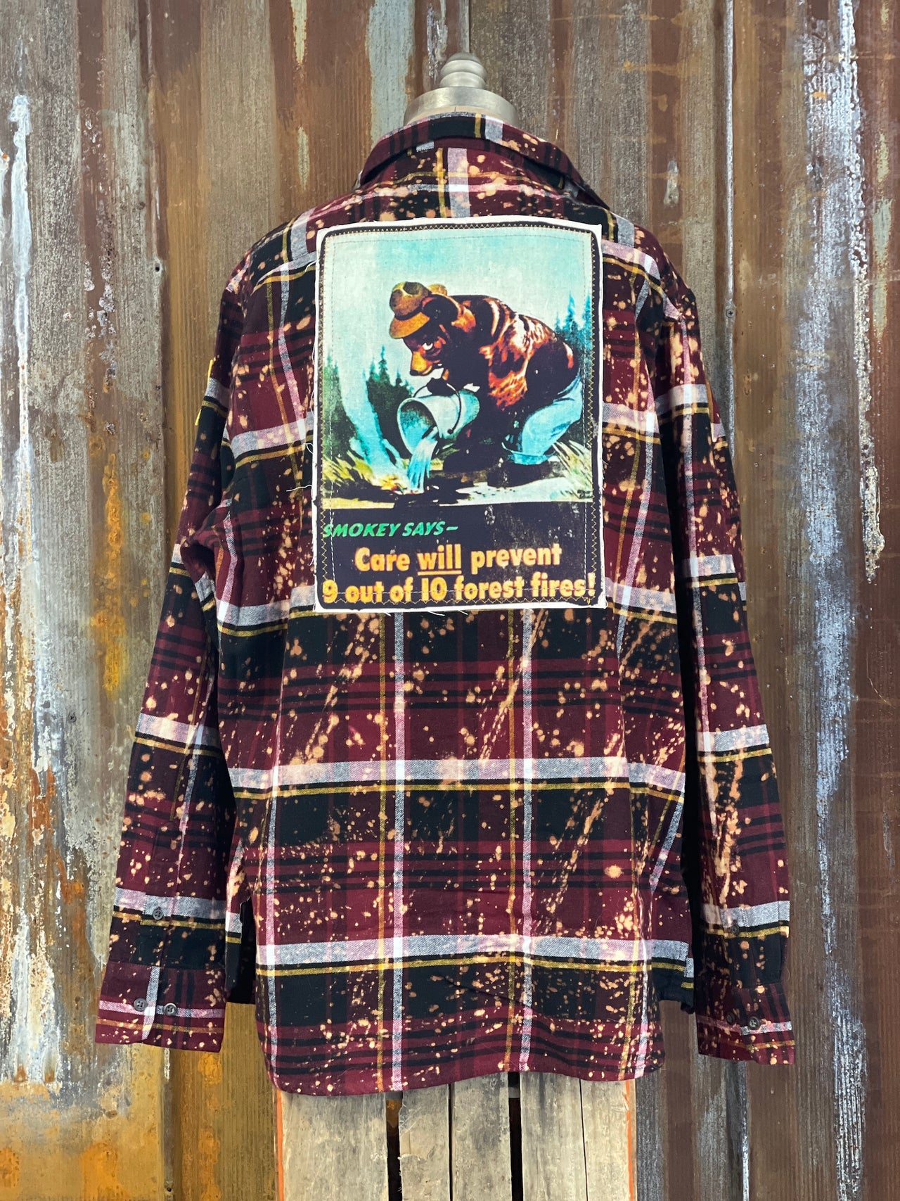 Smokey Says Art Flannel- Distressed Burgundy Plaid Officially Licensed Smokey Bear Gear