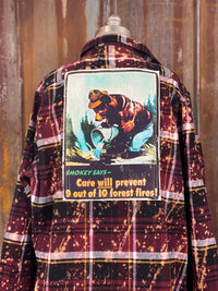 Thumbnail for Smokey Says Art Flannel- Distressed Burgundy Plaid Officially Licensed Smokey Bear Gear