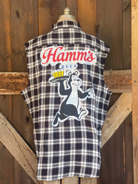 Thumbnail for Hamm's HAPPY Hour Sleeveless Flannel- Black/Ivory Plaid