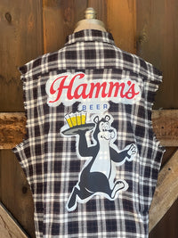 Thumbnail for Hamm's HAPPY Hour Sleeveless Flannel- Black/Ivory Plaid
