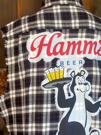 Thumbnail for Hamm's HAPPY Hour Sleeveless Flannel- Black/Ivory Plaid