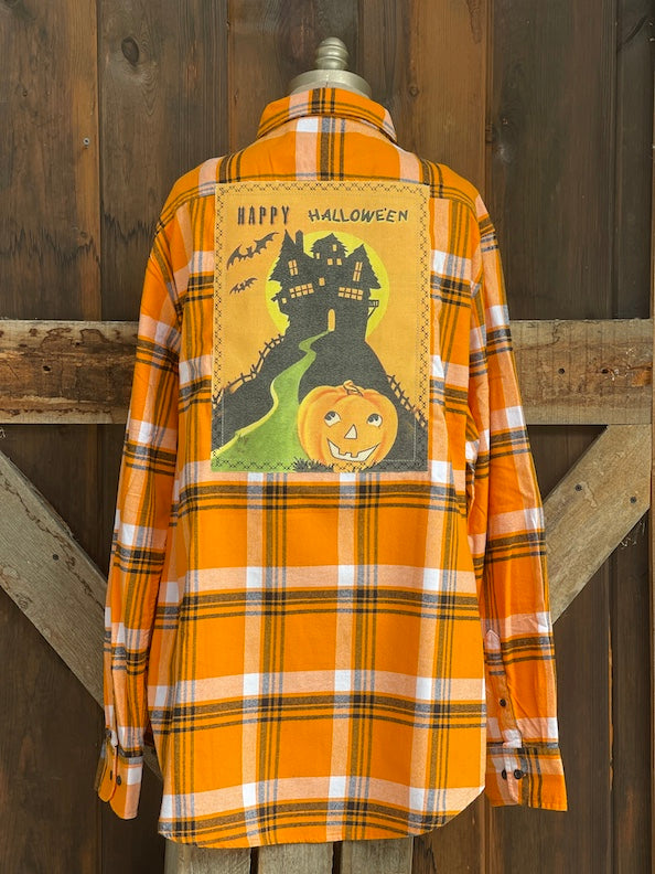 Haunted House Retro Halloween Flannel-Classic Candy Corn Plaid